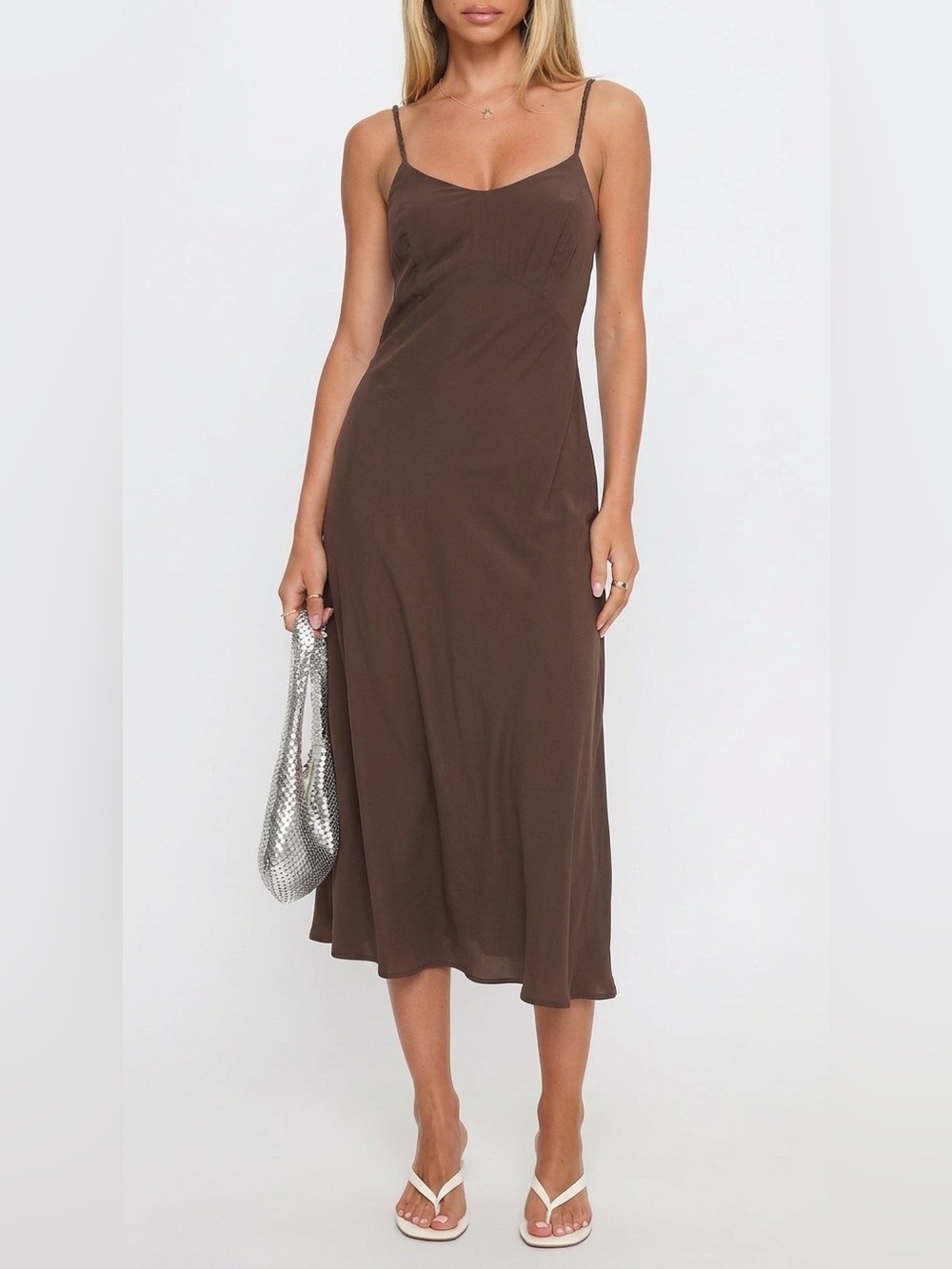 Zara Dress in Brown - Elegant V-Neck Spaghetti Strap